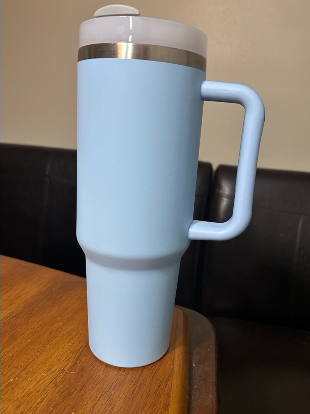 Light Blue Insulated Travel Mug with Handle - Stainless Trim